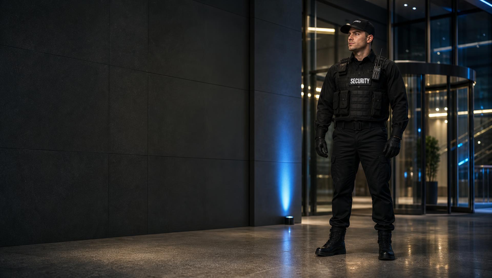 Professioneller Sicherheitsmitarbeiter der SECURIO GmbH an einem modernen Gewerbeobjekt